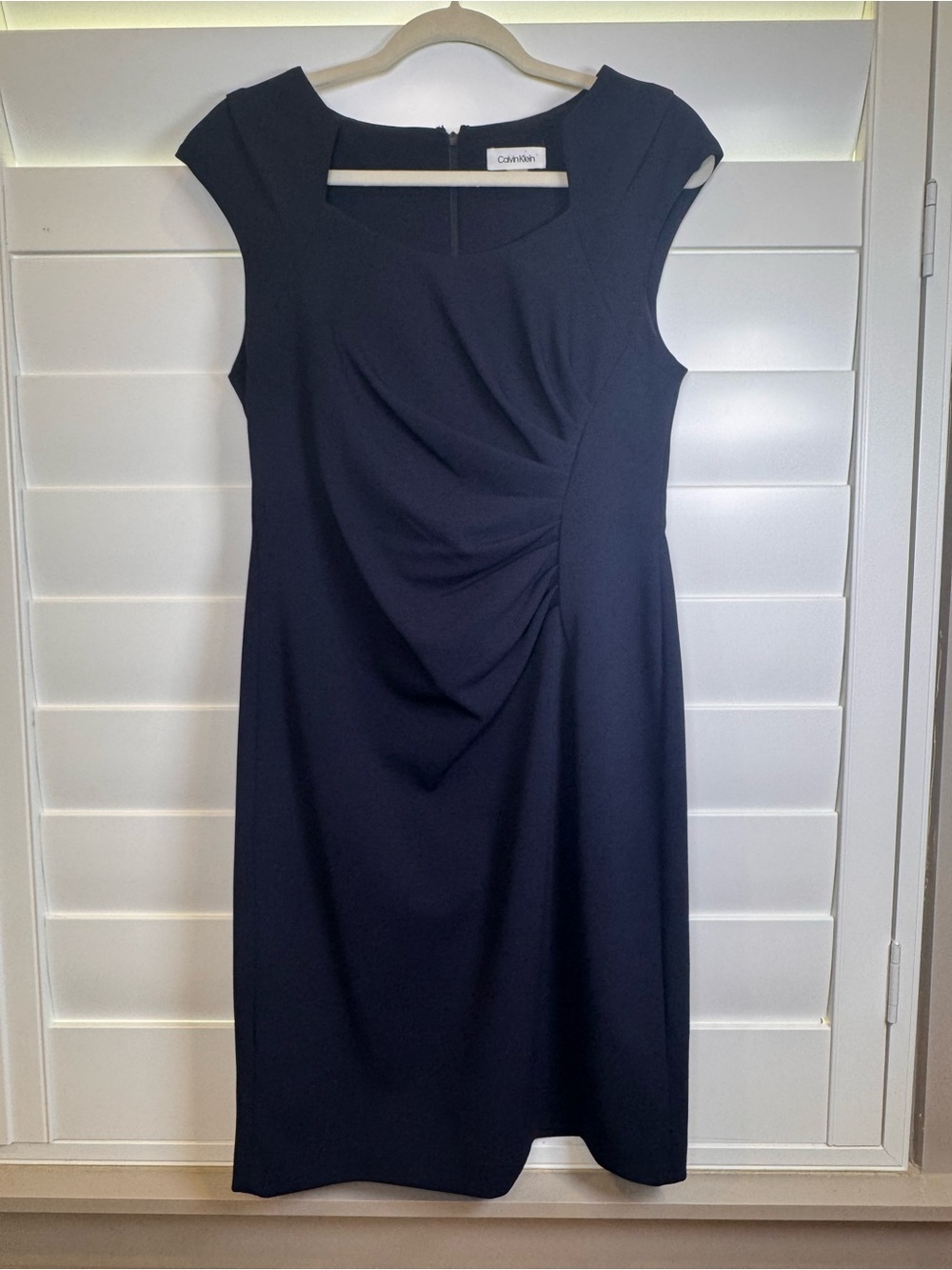 Calvin Klein Dark Navy Cap-Sleeve Sheath Dress with Front Drape